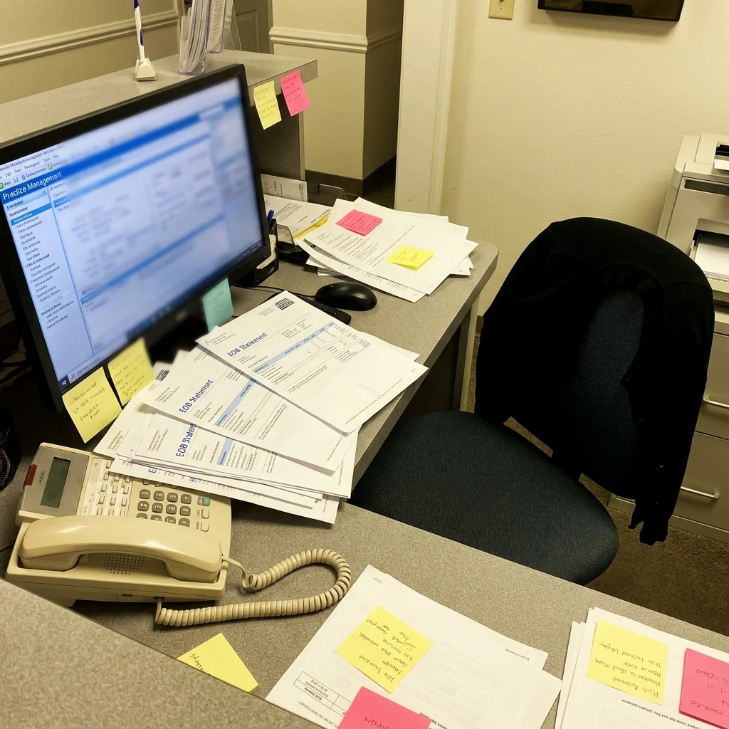 Messy Dental Insurance Desk With Lots Of Paperwork